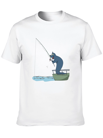 Cartoon Bear Fishing T-Shirt - Black Cotton Tee