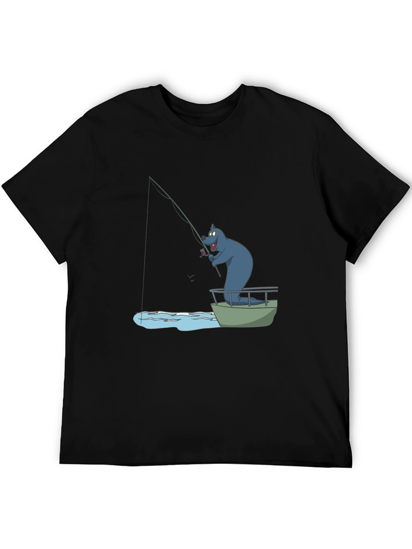 Cartoon Bear Fishing T-Shirt - Black Cotton Tee