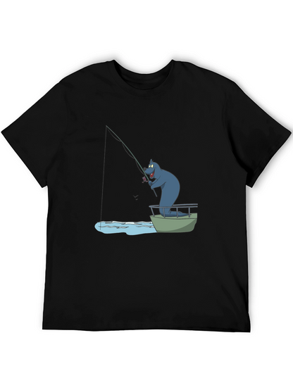 Cartoon Bear Fishing T-Shirt - Black Cotton Tee
