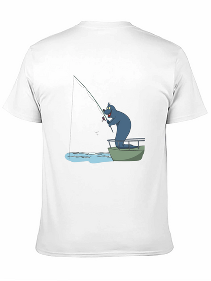 Cartoon Bear Fishing T-Shirt - Black Cotton Tee