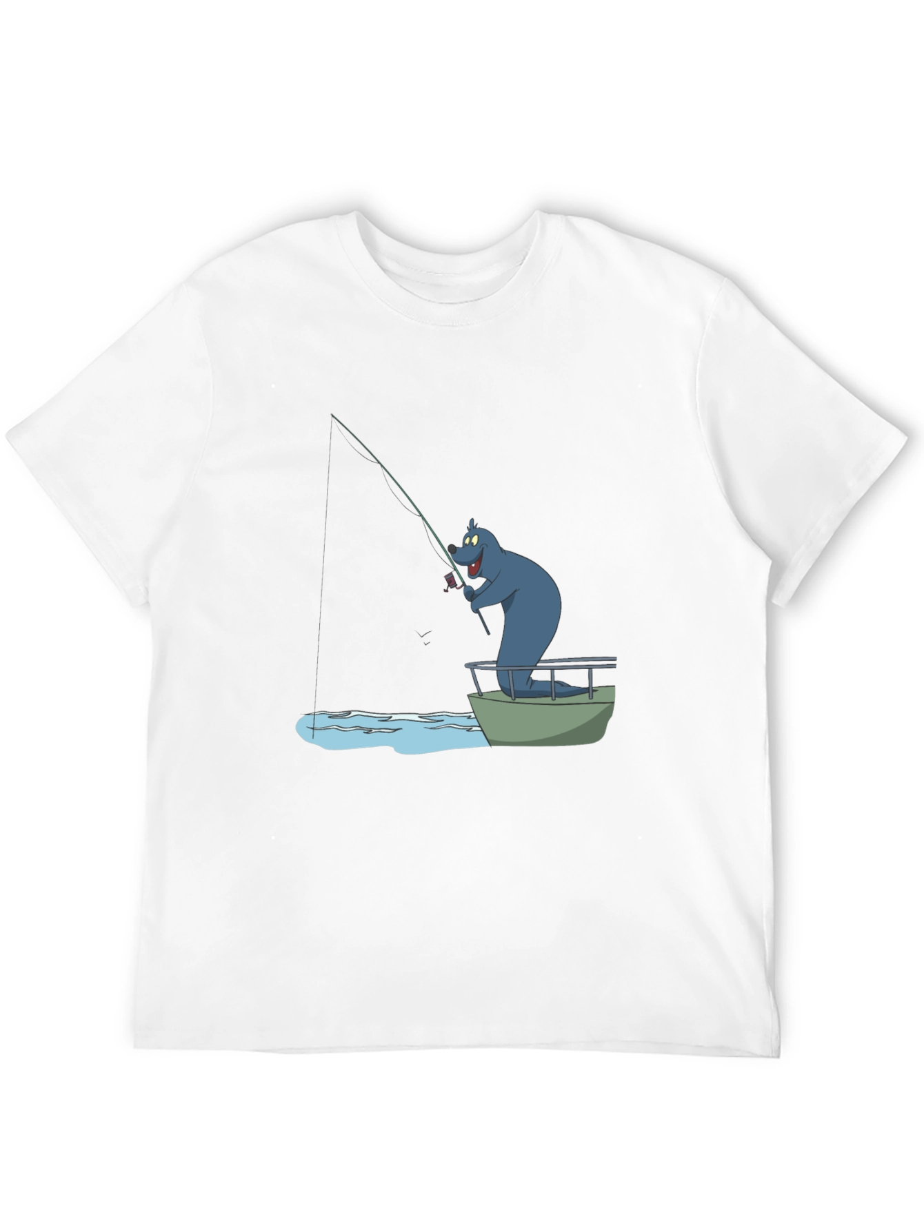 Cartoon Bear Fishing T-Shirt - Black Cotton Tee