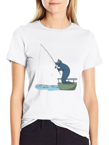Cartoon Bear Fishing T-Shirt - Black Cotton Tee