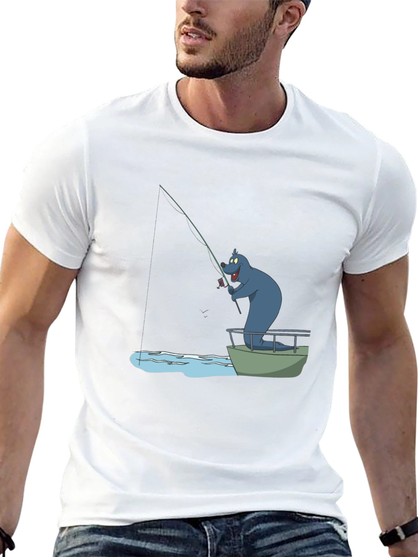 Cartoon Bear Fishing T-Shirt - Black Cotton Tee