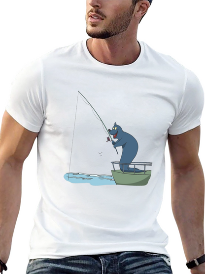 Cartoon Bear Fishing T-Shirt - Black Cotton Tee