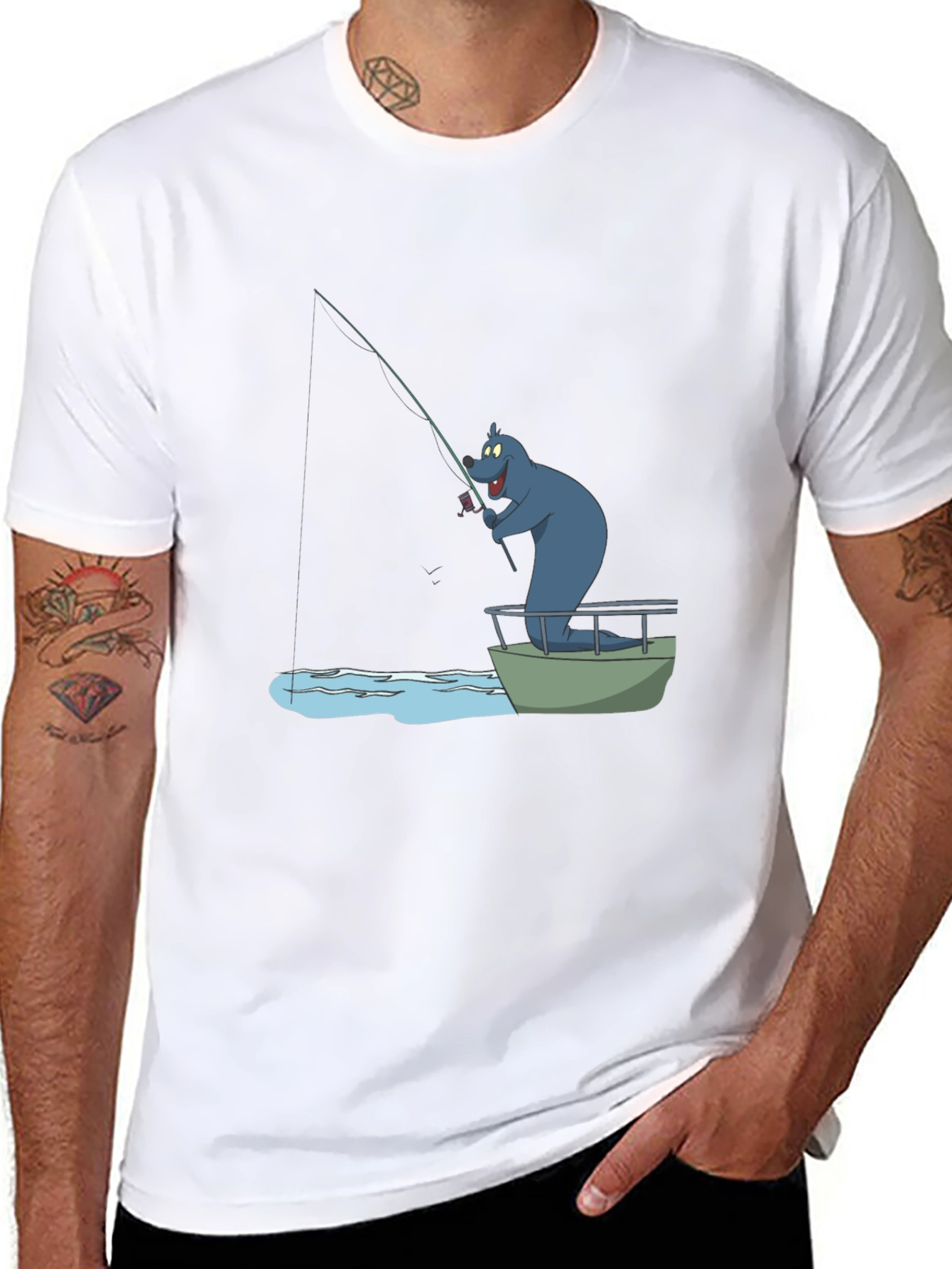 Cartoon Bear Fishing T-Shirt - Black Cotton Tee