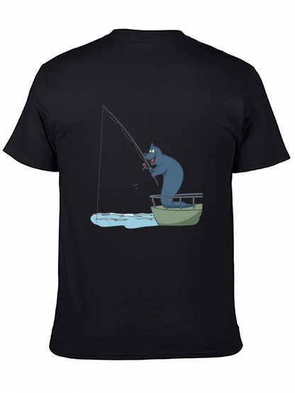 Cartoon Bear Fishing T-Shirt - Black Cotton Tee