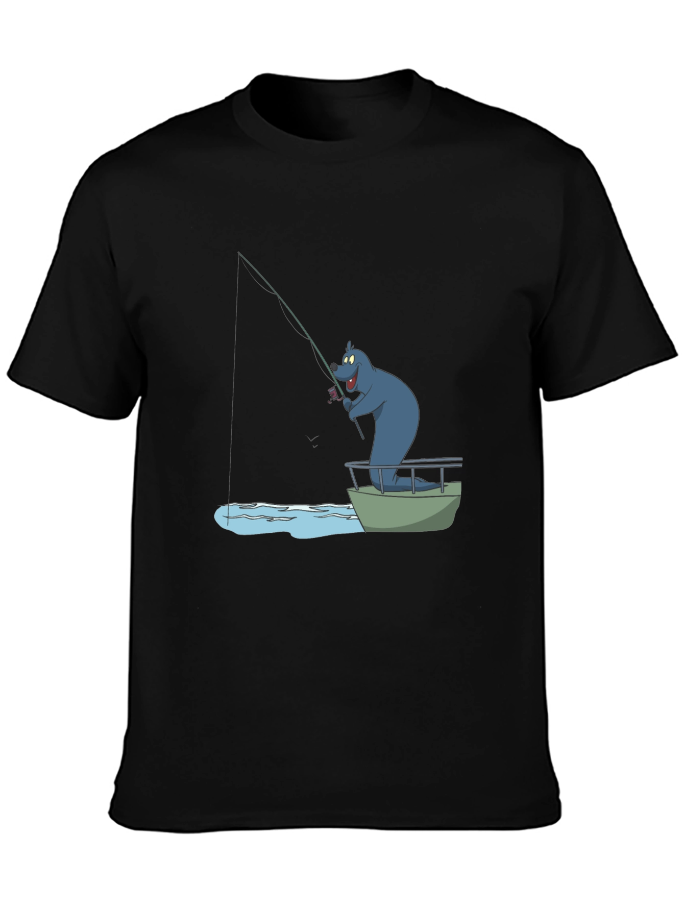 Cartoon Bear Fishing T-Shirt - Black Cotton Tee