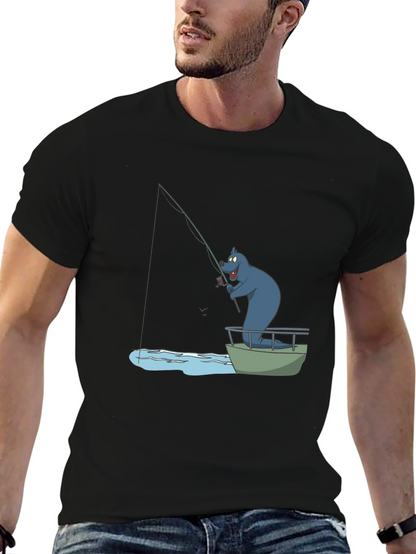 Cartoon Bear Fishing T-Shirt - Black Cotton Tee
