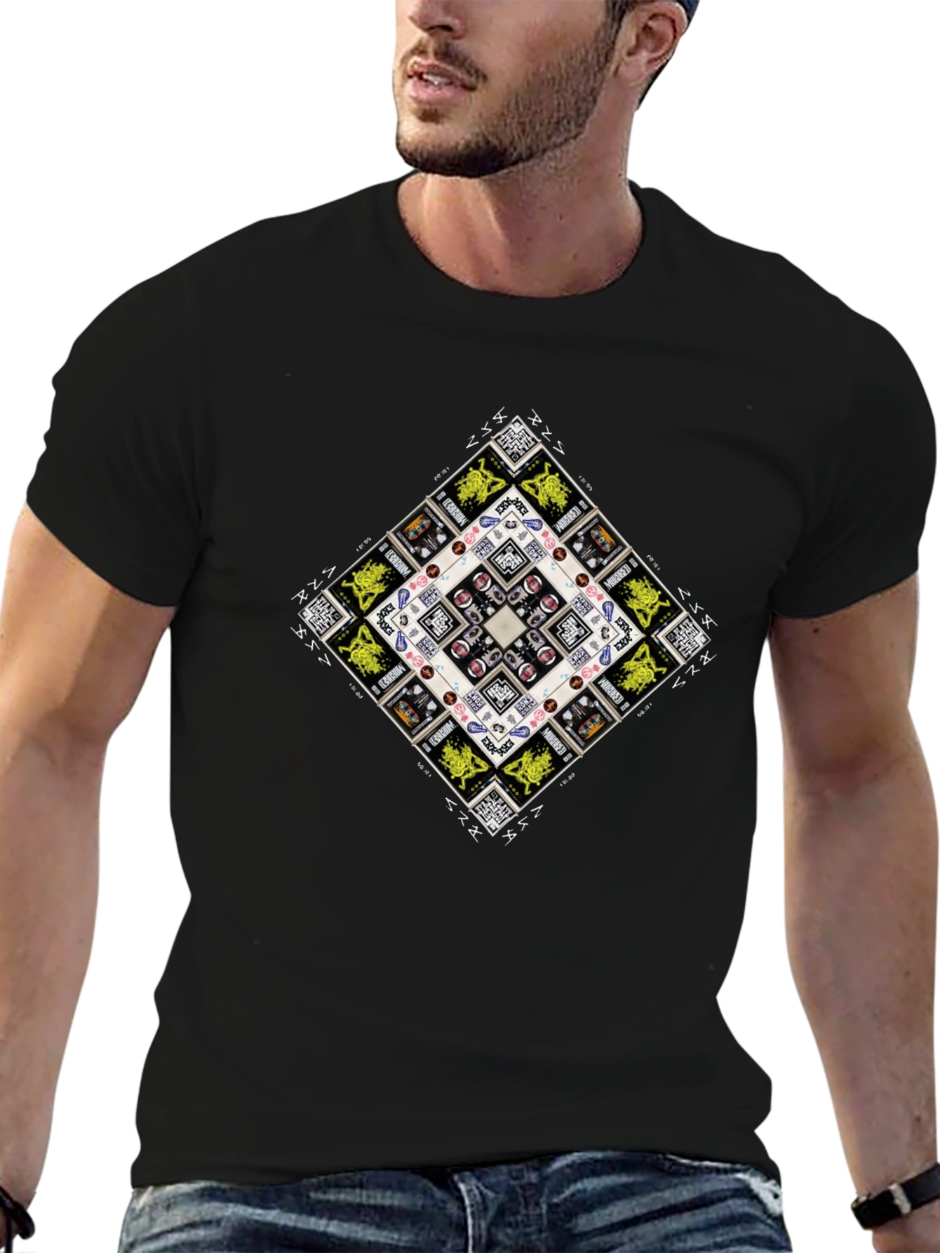 Geometric Graphic Print Mens Black T-Shirt