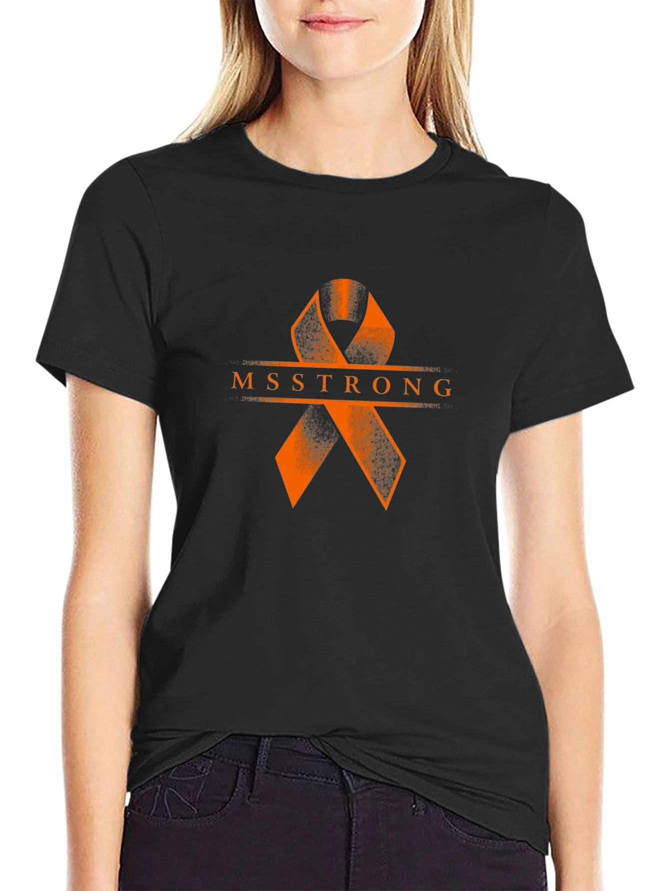 MS Strong Black Tee: Orange Ribbon Design
