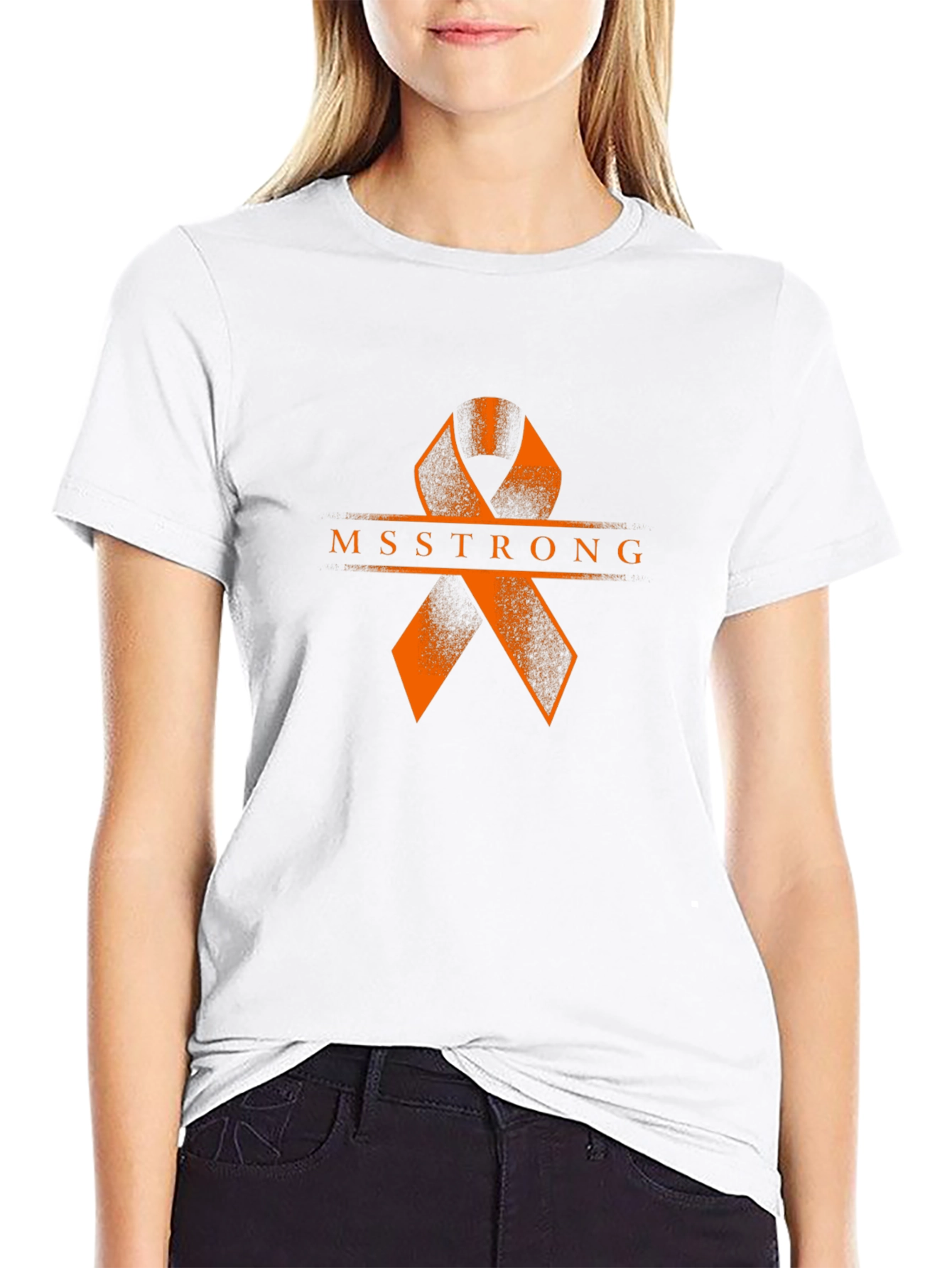 MS Strong Black Tee: Orange Ribbon Design