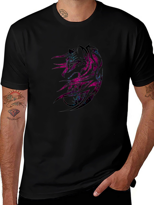 Galaxy Wolf Graphic Print Black T-Shirt