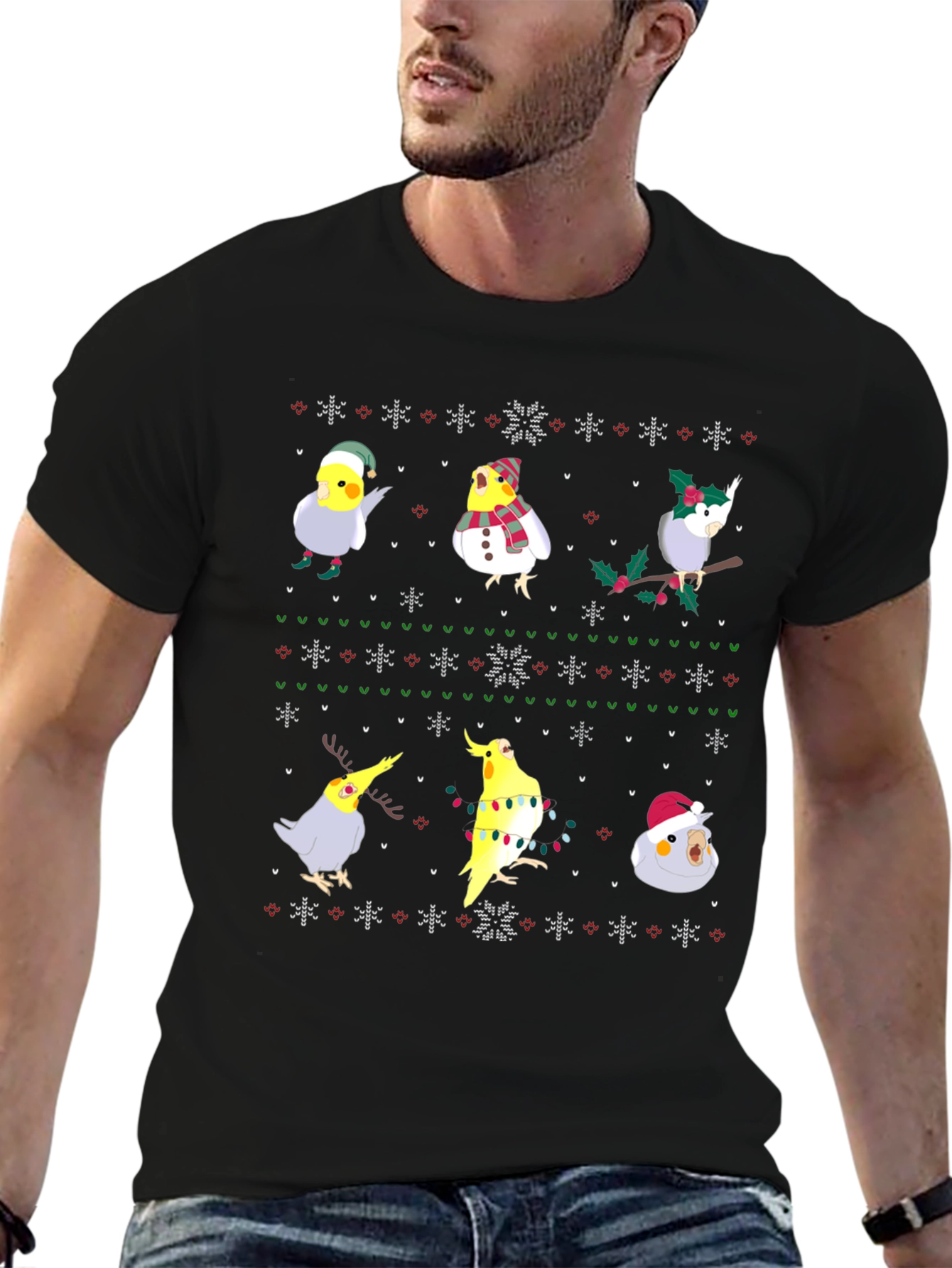Festive Cockatiel Ugly Christmas Sweater Tee