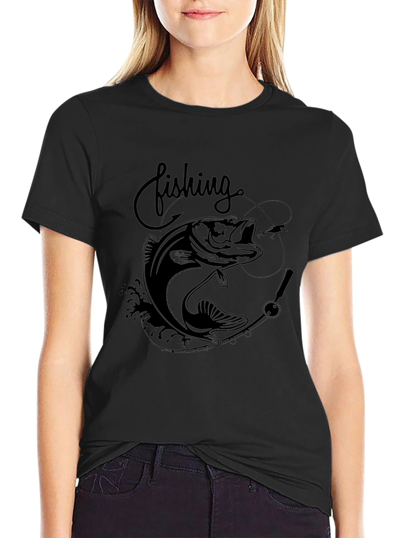 Fishing Bass Graphic Tee - Black Cotton Blend