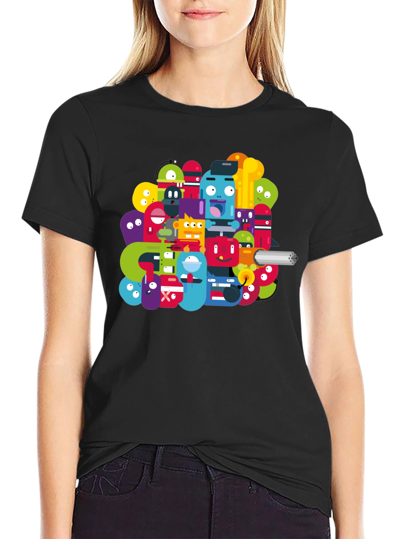 Funky Cartoon Character Graphic Black T-Shirt