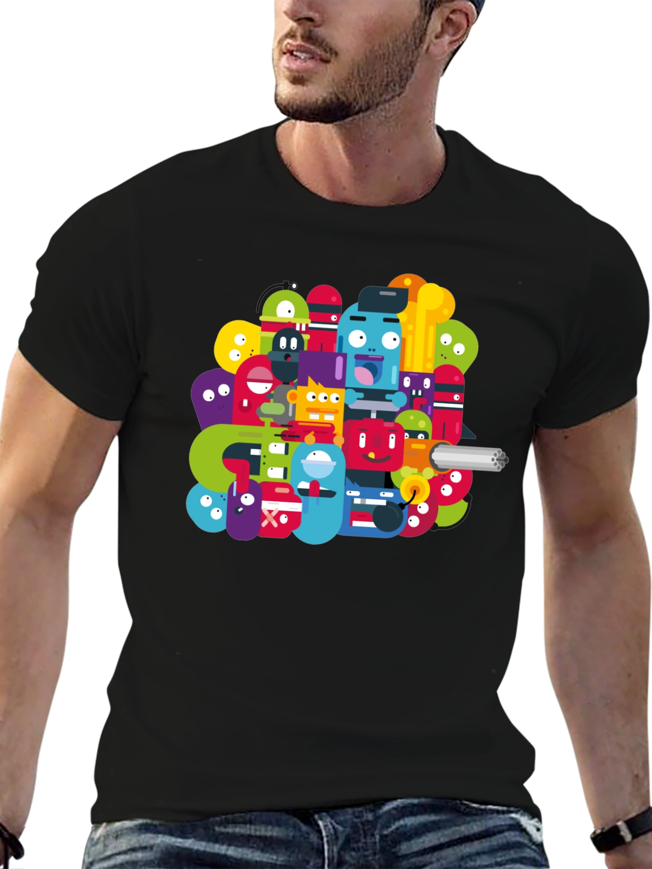 Funky Cartoon Character Graphic Black T-Shirt
