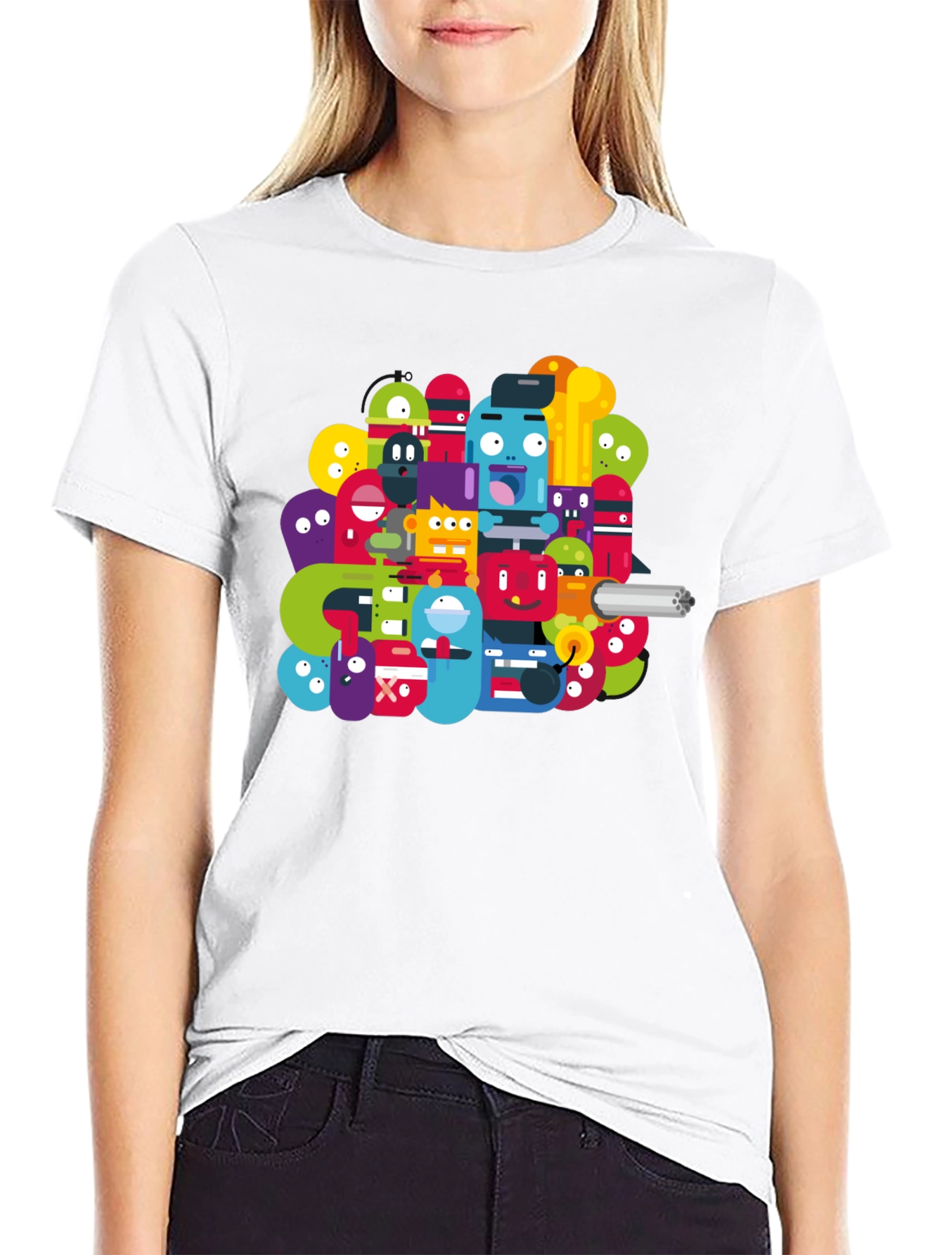 Funky Cartoon Character Graphic Black T-Shirt