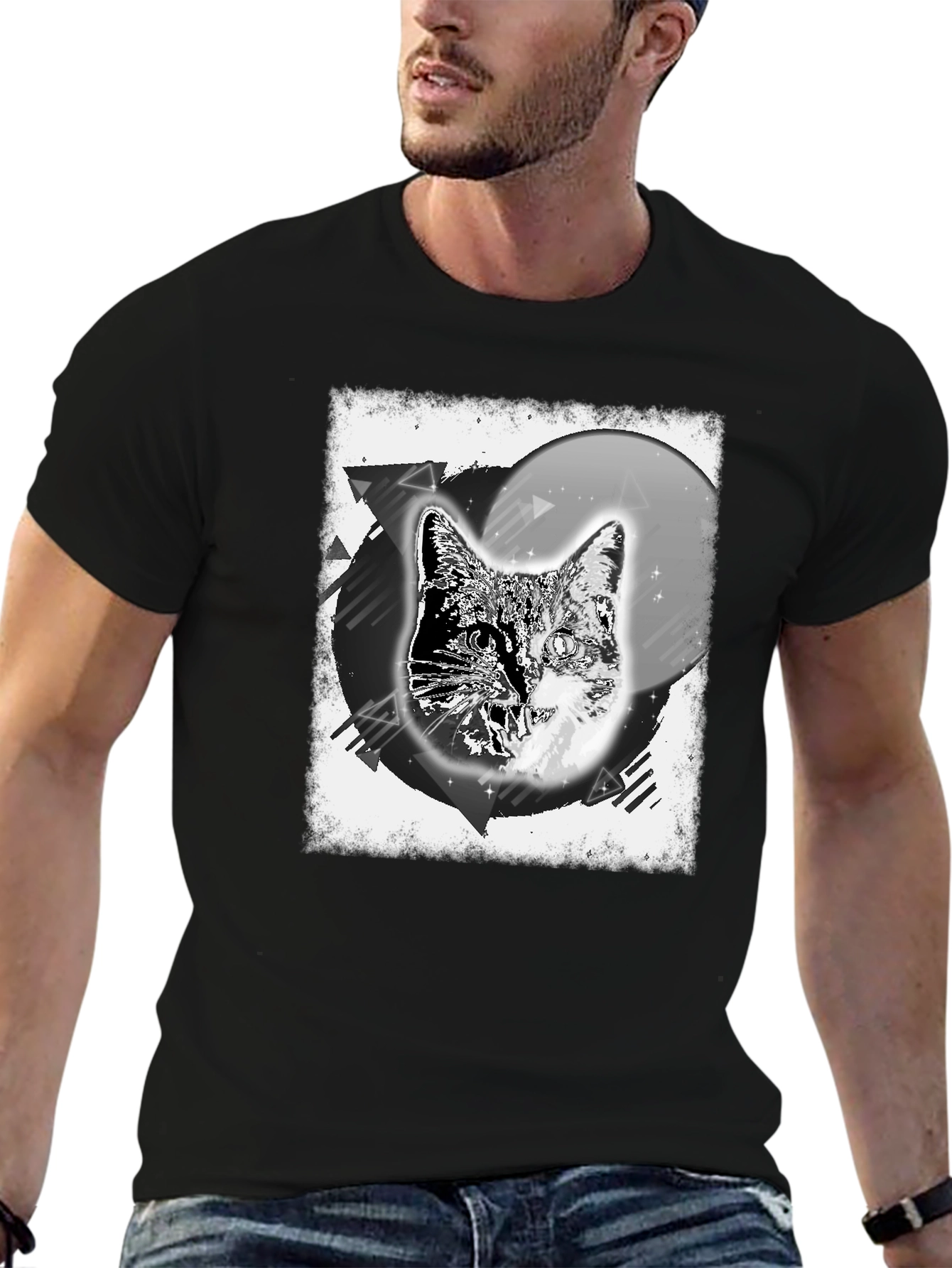 Cosmic Cat Graphic Tee - Black Cotton Blend