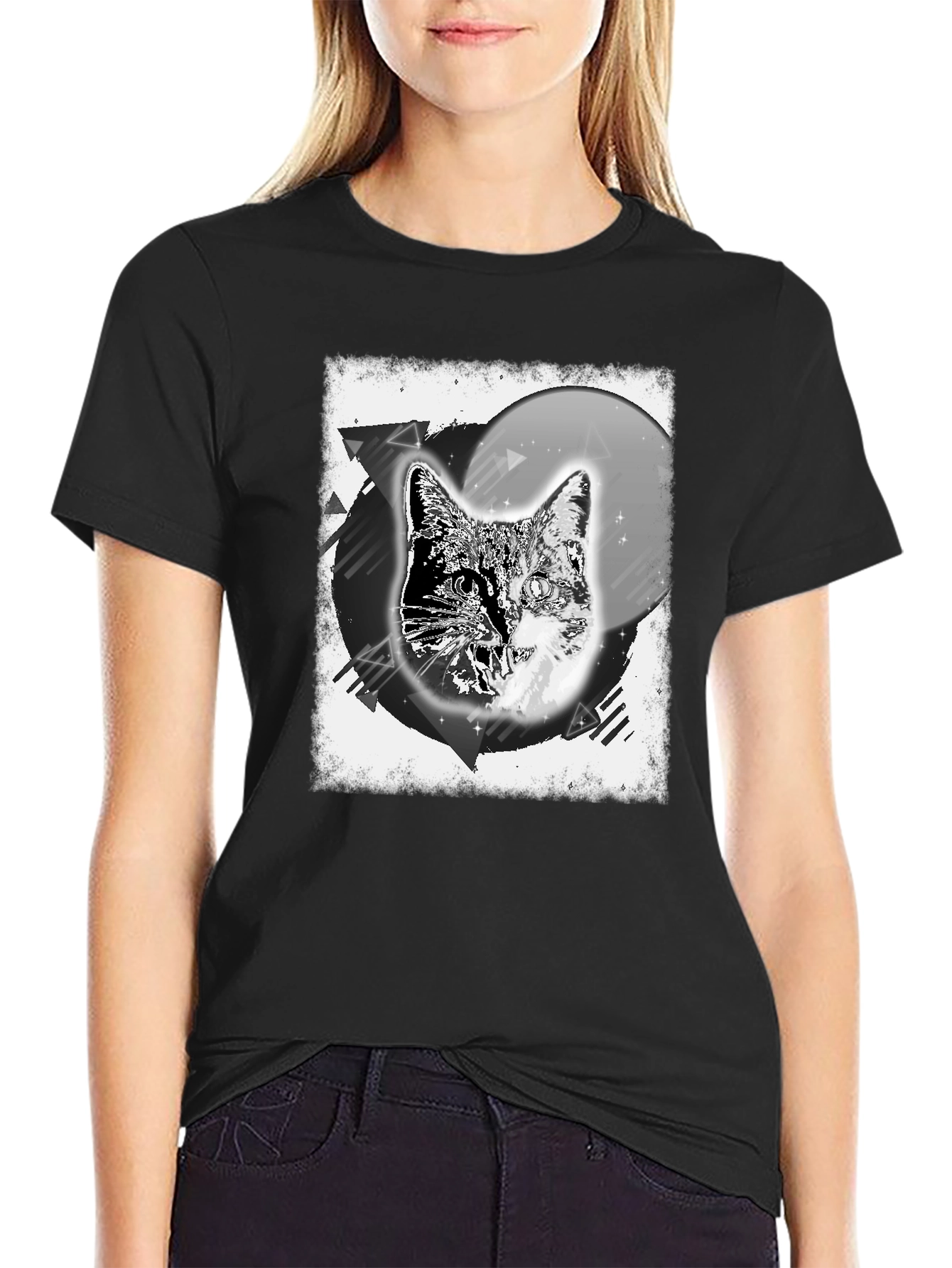 Cosmic Cat Graphic Tee - Black Cotton Blend