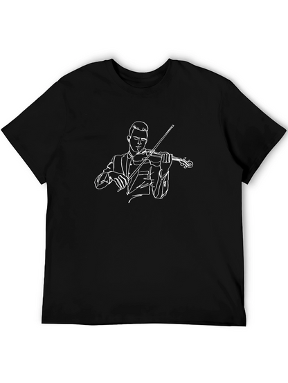 Violinist Line Art Graphic Tee - Black Cotton