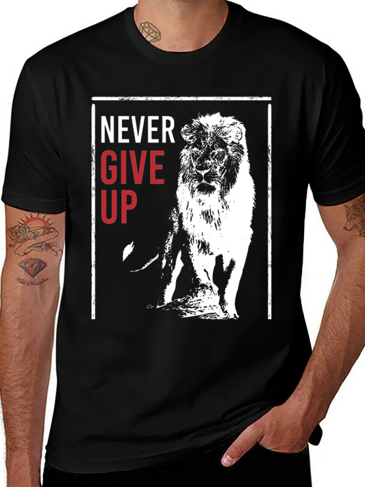 Lion Never Give Up Graphic Print Crew Neck Tee