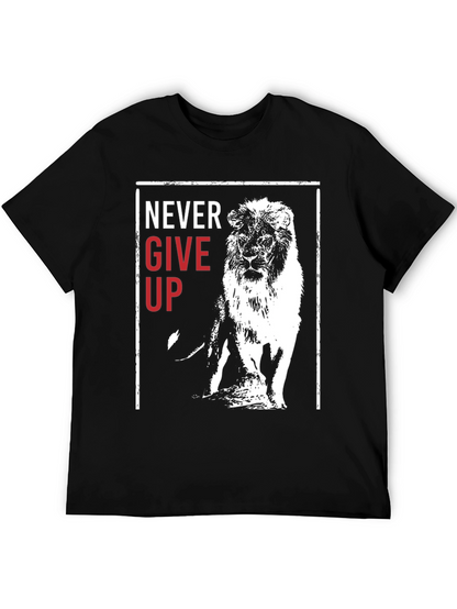Lion Never Give Up Graphic Print Crew Neck Tee