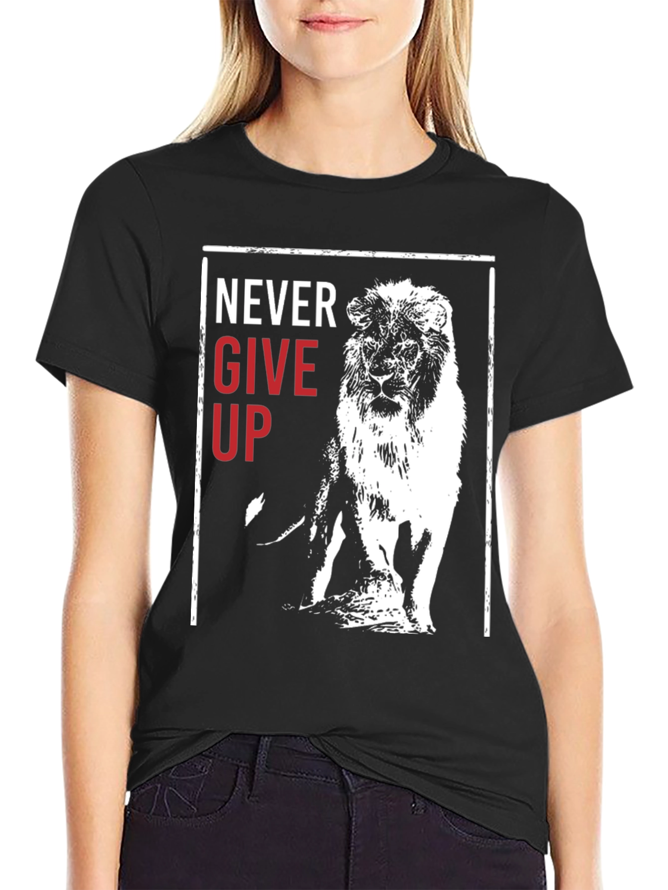 Lion Never Give Up Graphic Print Crew Neck Tee