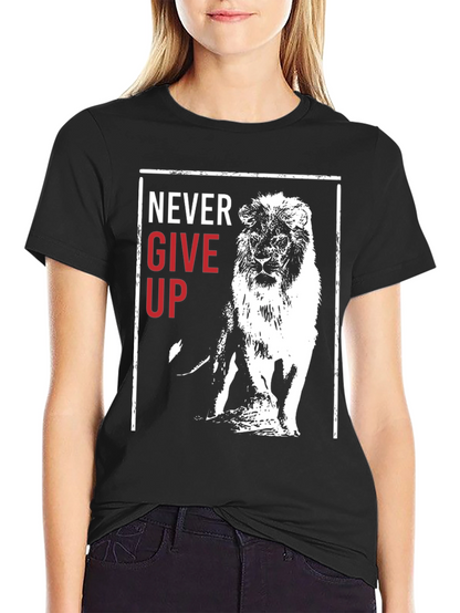 Lion Never Give Up Graphic Print Crew Neck Tee