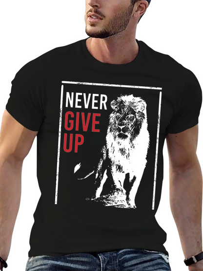 Lion Never Give Up Graphic Print Crew Neck Tee