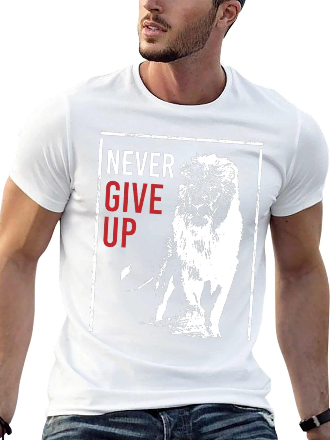 Lion Never Give Up Graphic Print Crew Neck Tee