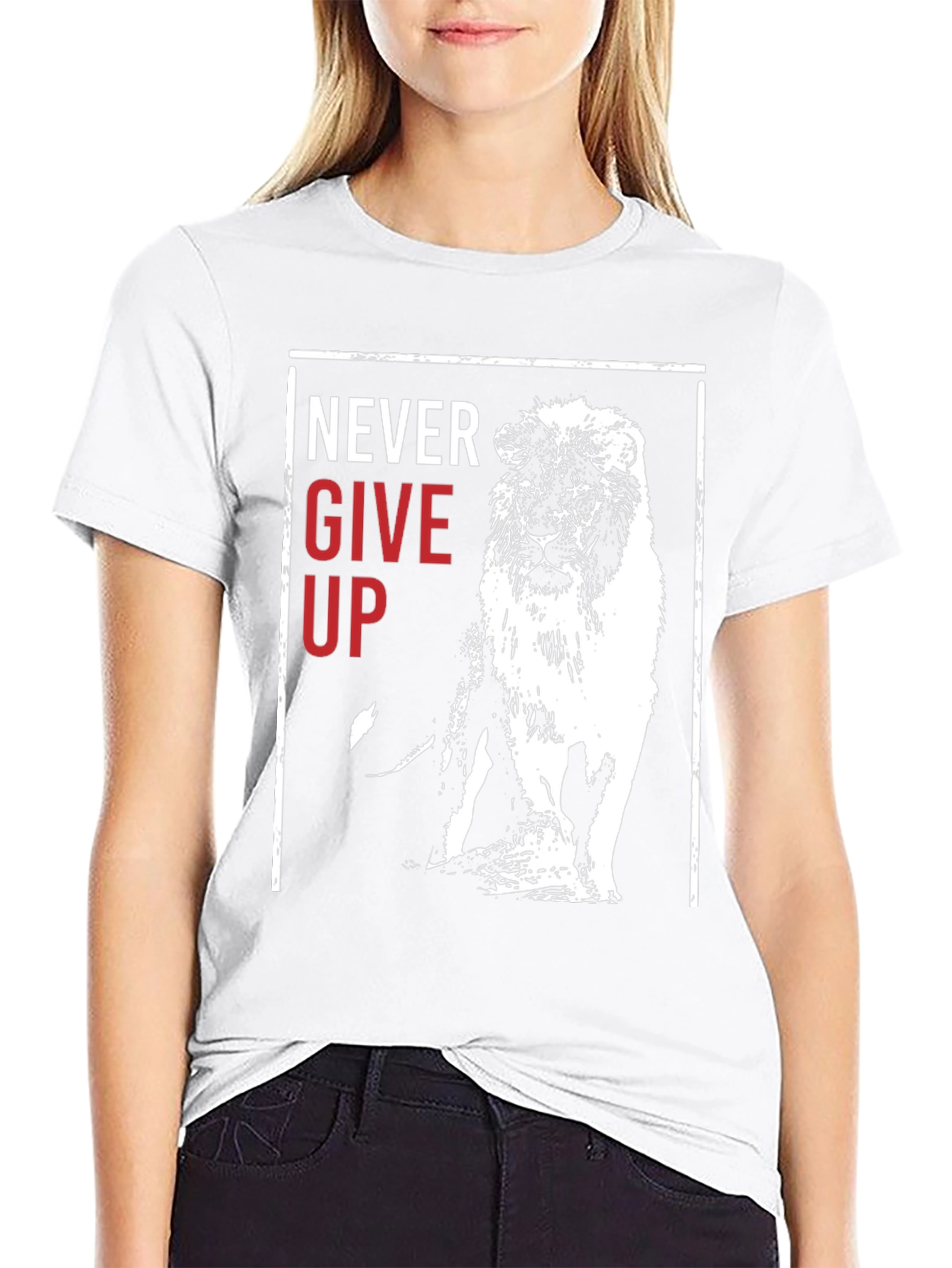 Lion Never Give Up Graphic Print Crew Neck Tee