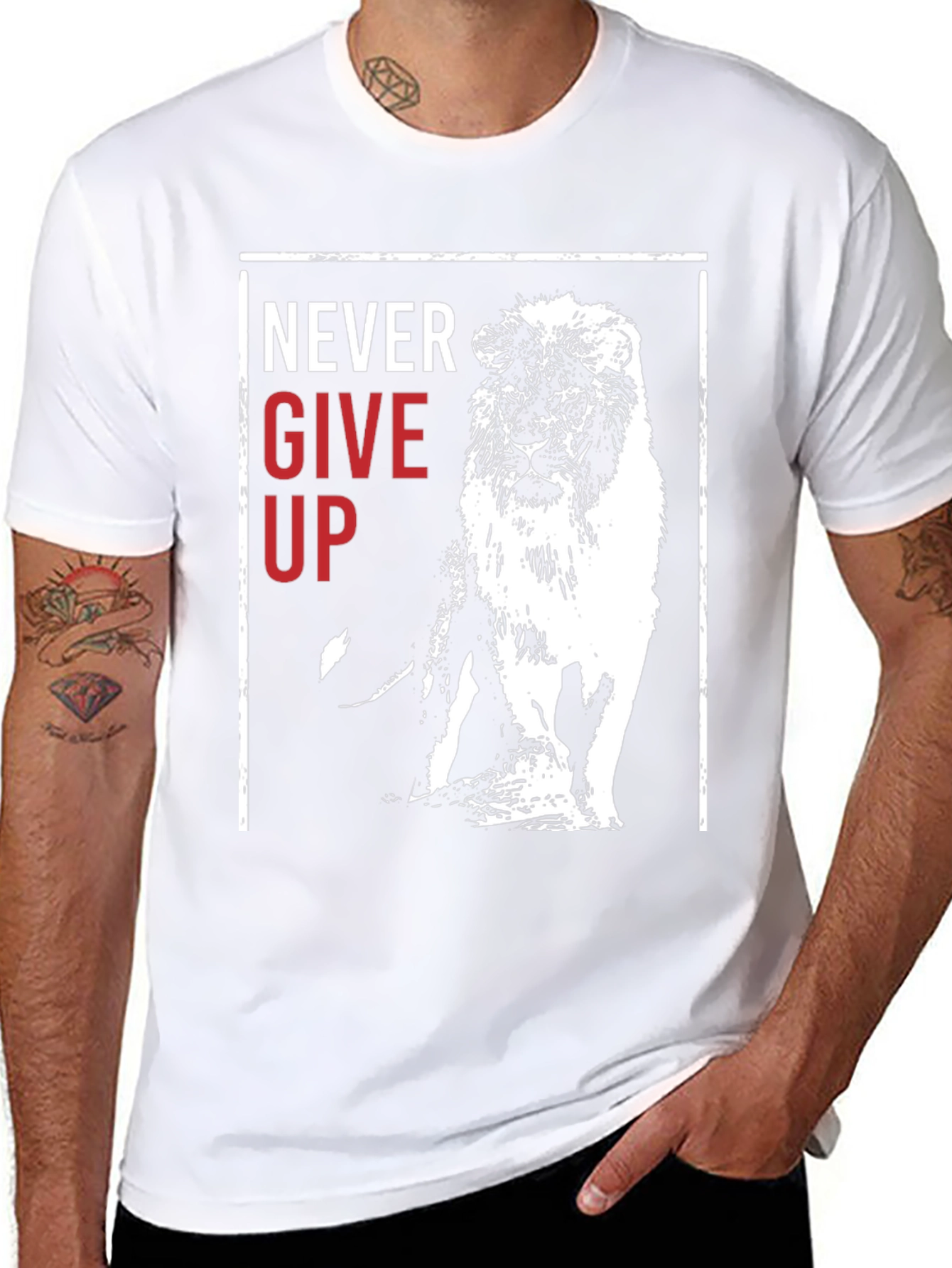 Lion Never Give Up Graphic Print Crew Neck Tee
