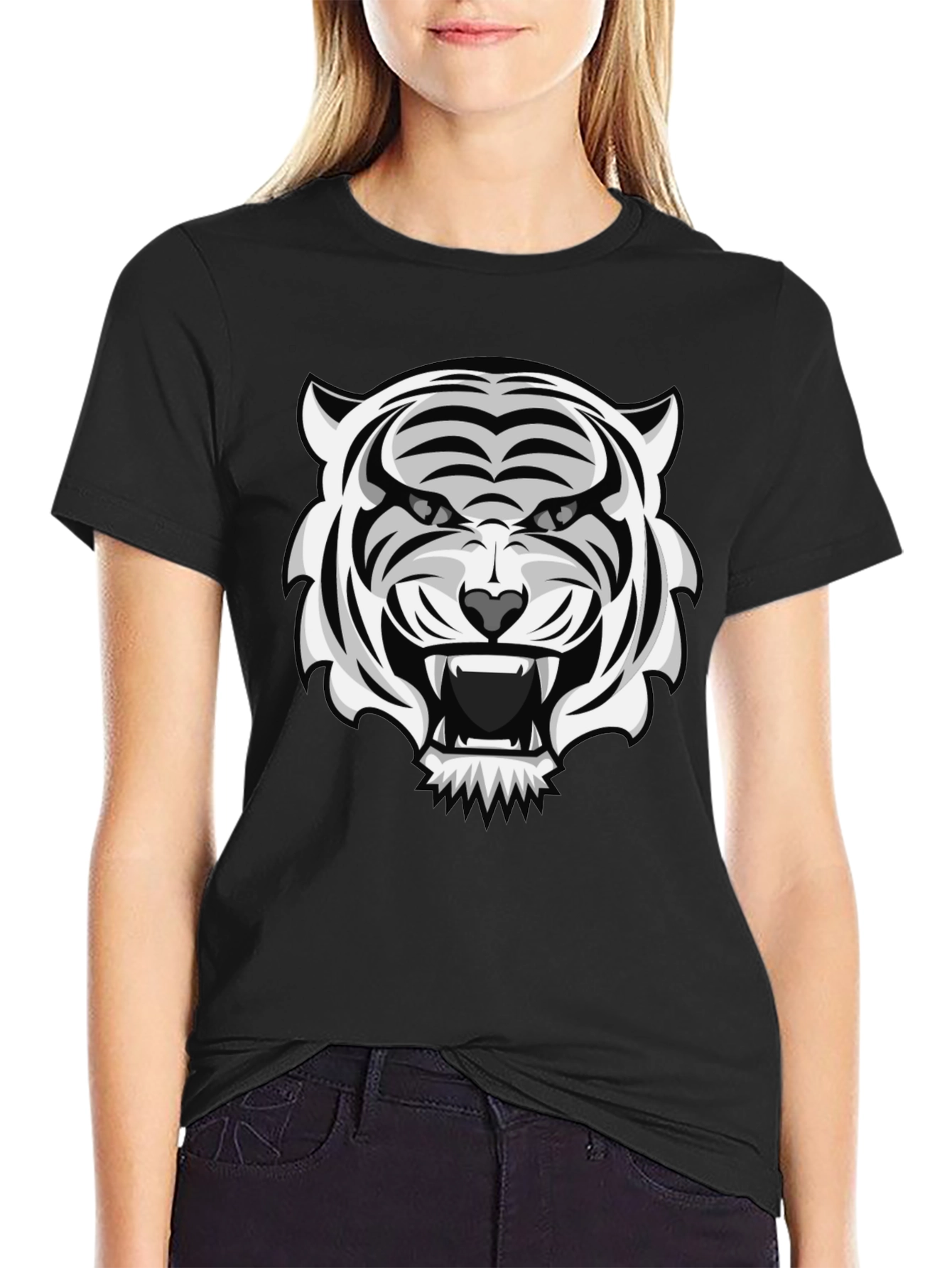 White Tiger Graphic Print Black T-Shirt