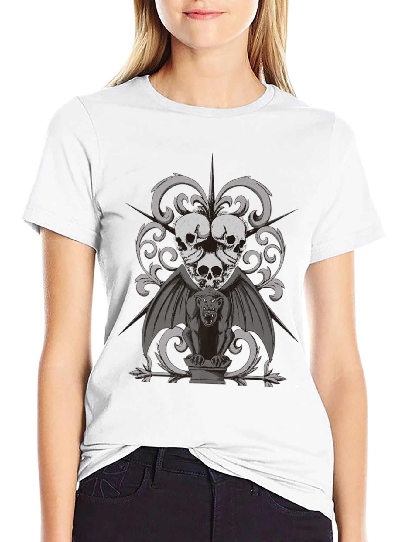 Gothic Skull & Gargoyle Graphic Tee - Dark Style