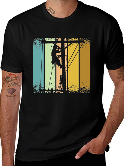 Lineman Retro T-Shirt - Electrician Climbing Pole Tee