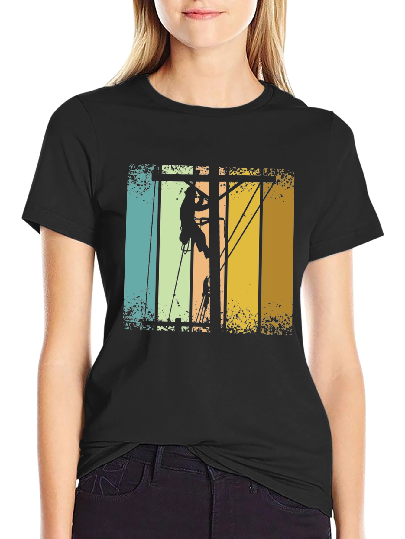 Lineman Retro T-Shirt - Electrician Climbing Pole Tee