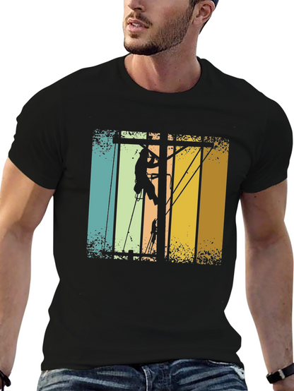 Lineman Retro T-Shirt - Electrician Climbing Pole Tee