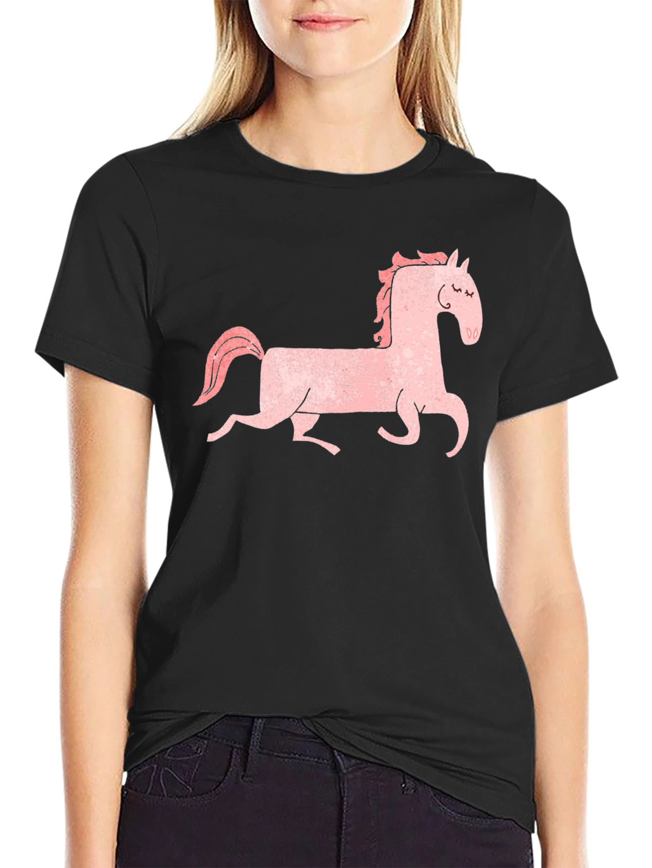 Pink Horse Graphic Tee - Black Cotton Shirt