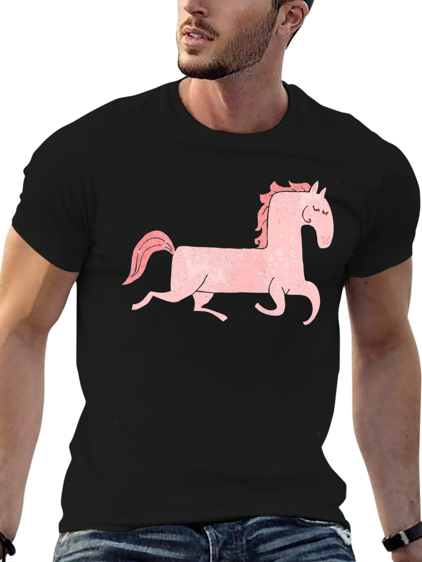 Pink Horse Graphic Tee - Black Cotton Shirt