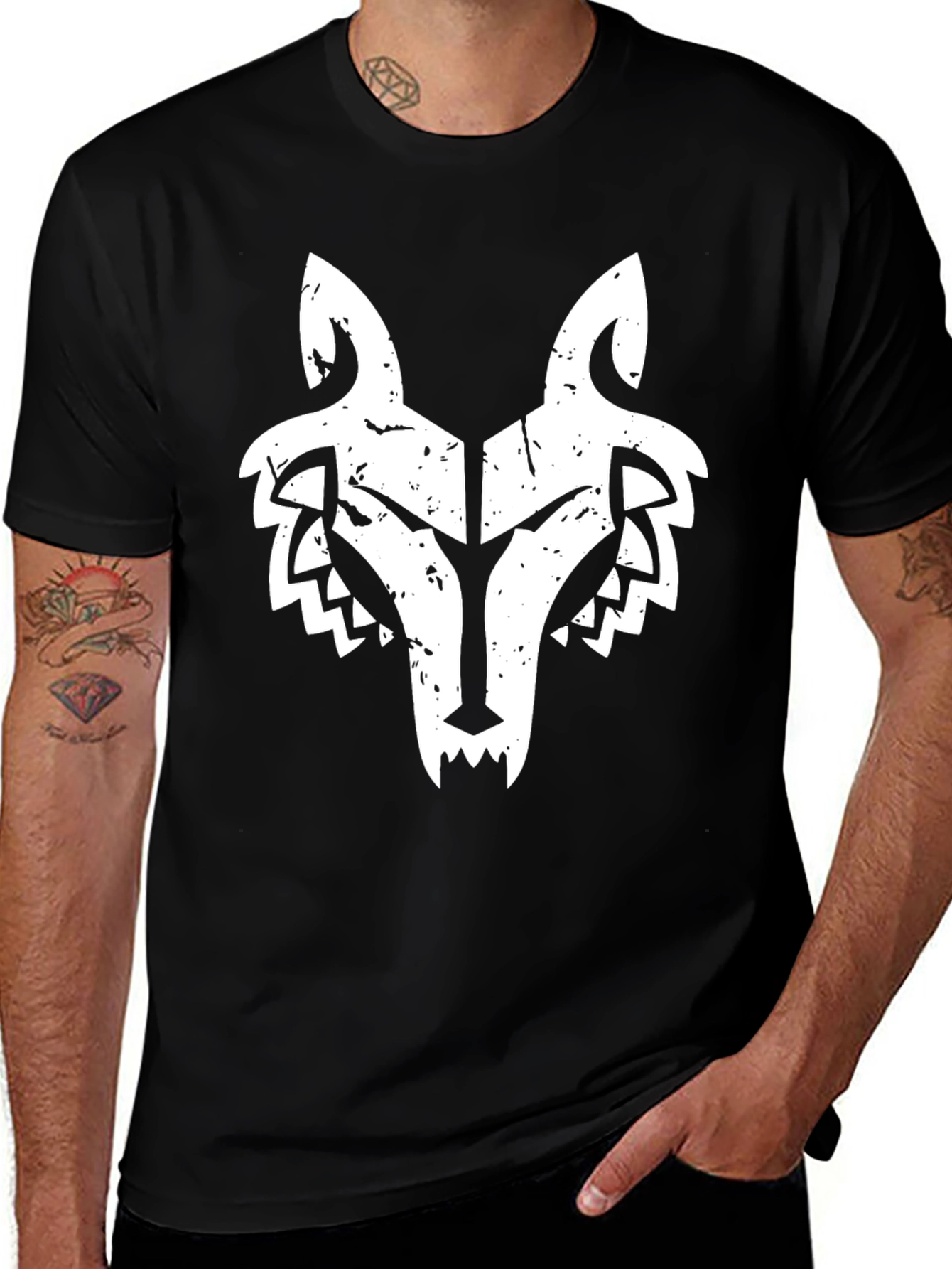 Mens Black T-Shirt with White Wolf Graphic