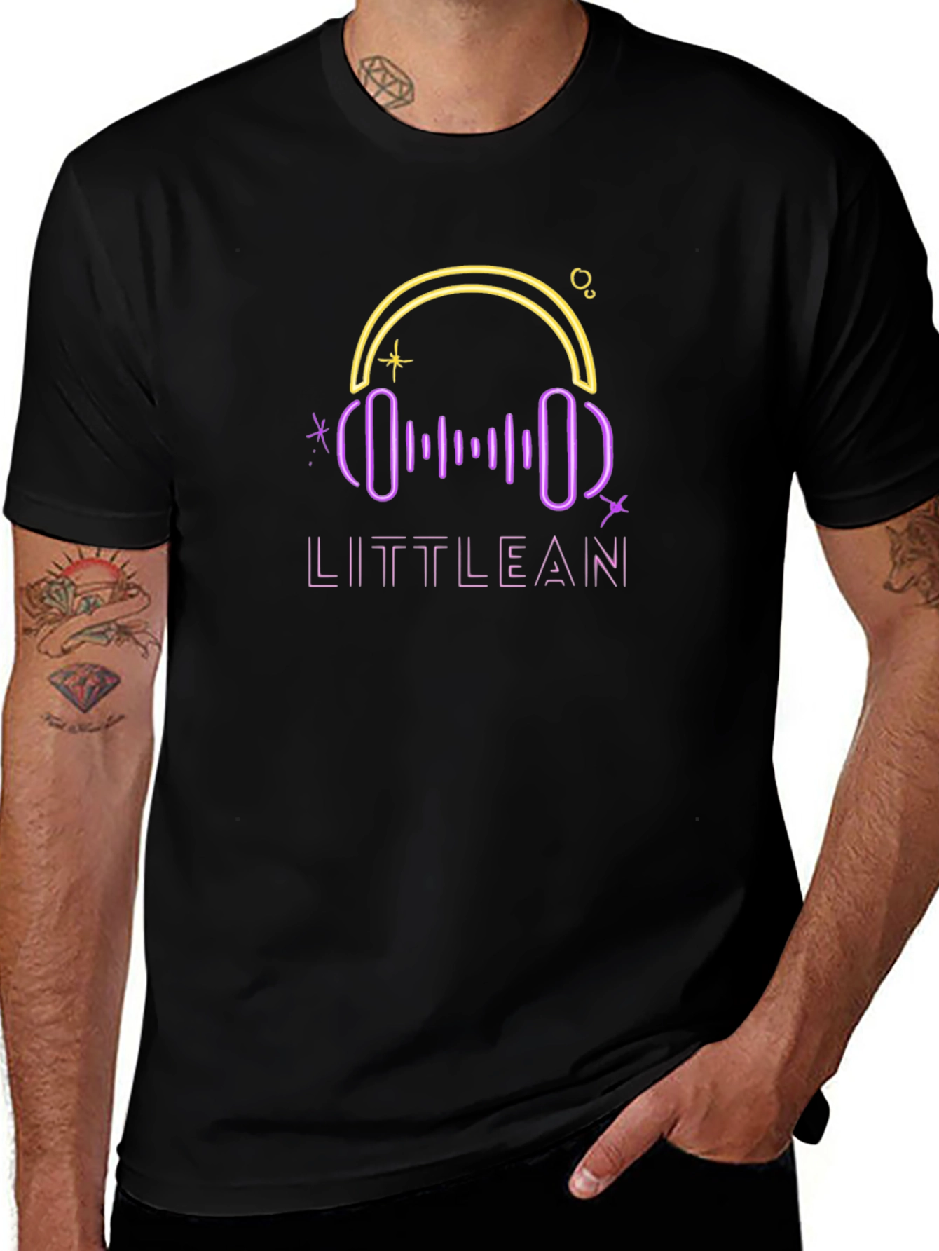 LITTLEAN Neon Headphones Black T-Shirt