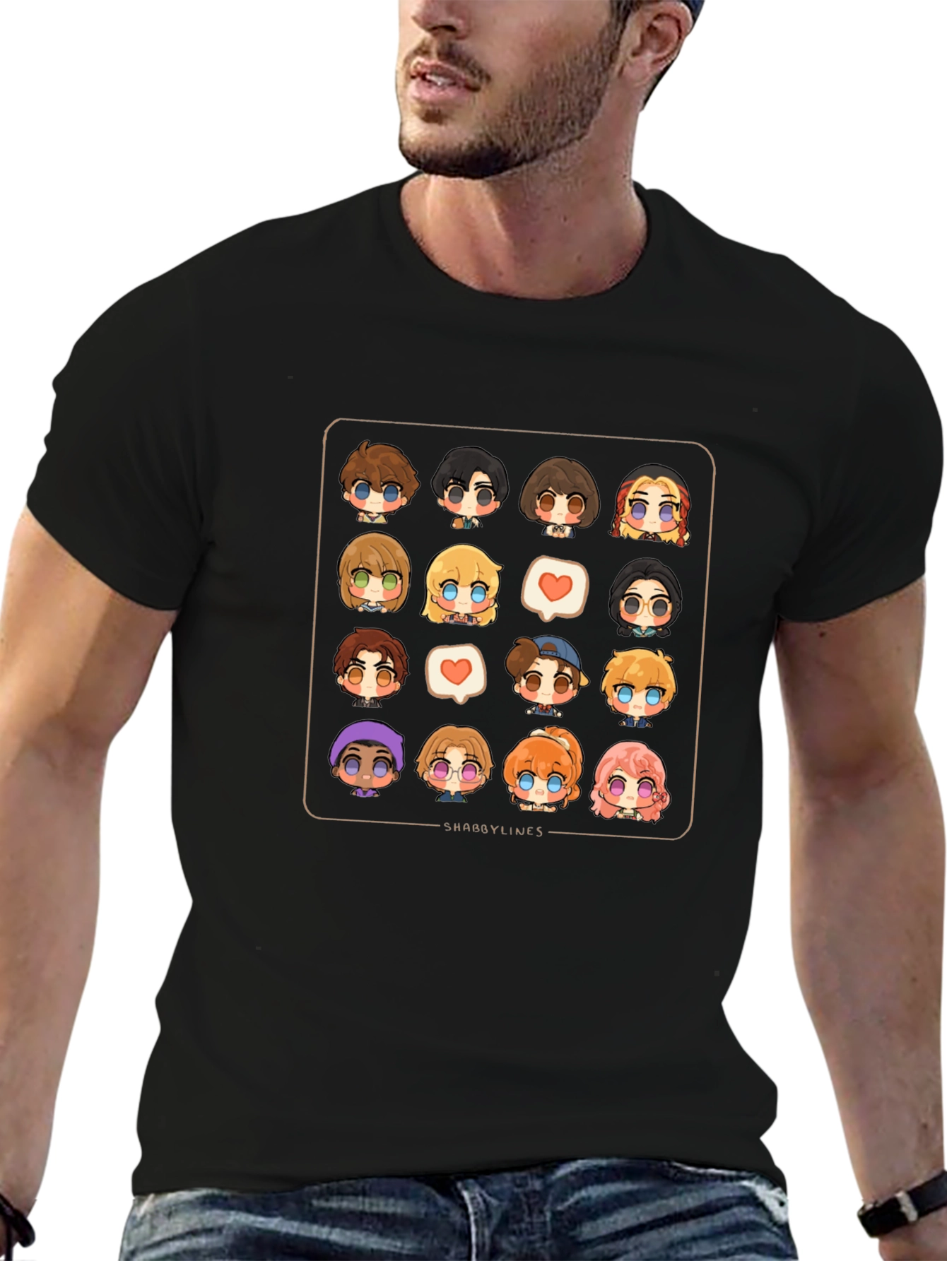 Cute Character Grid Black T-Shirt