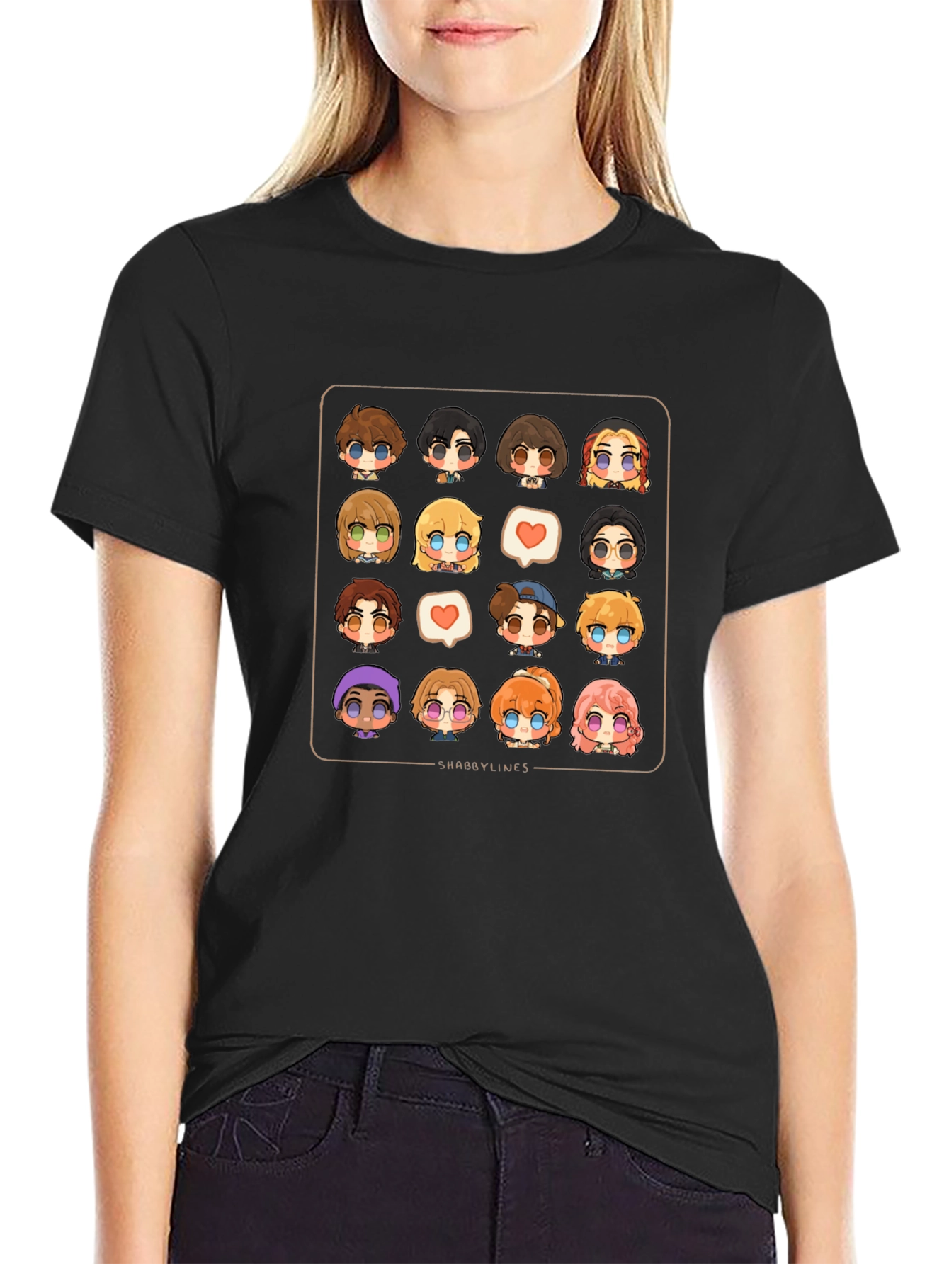 Cute Character Grid Black T-Shirt