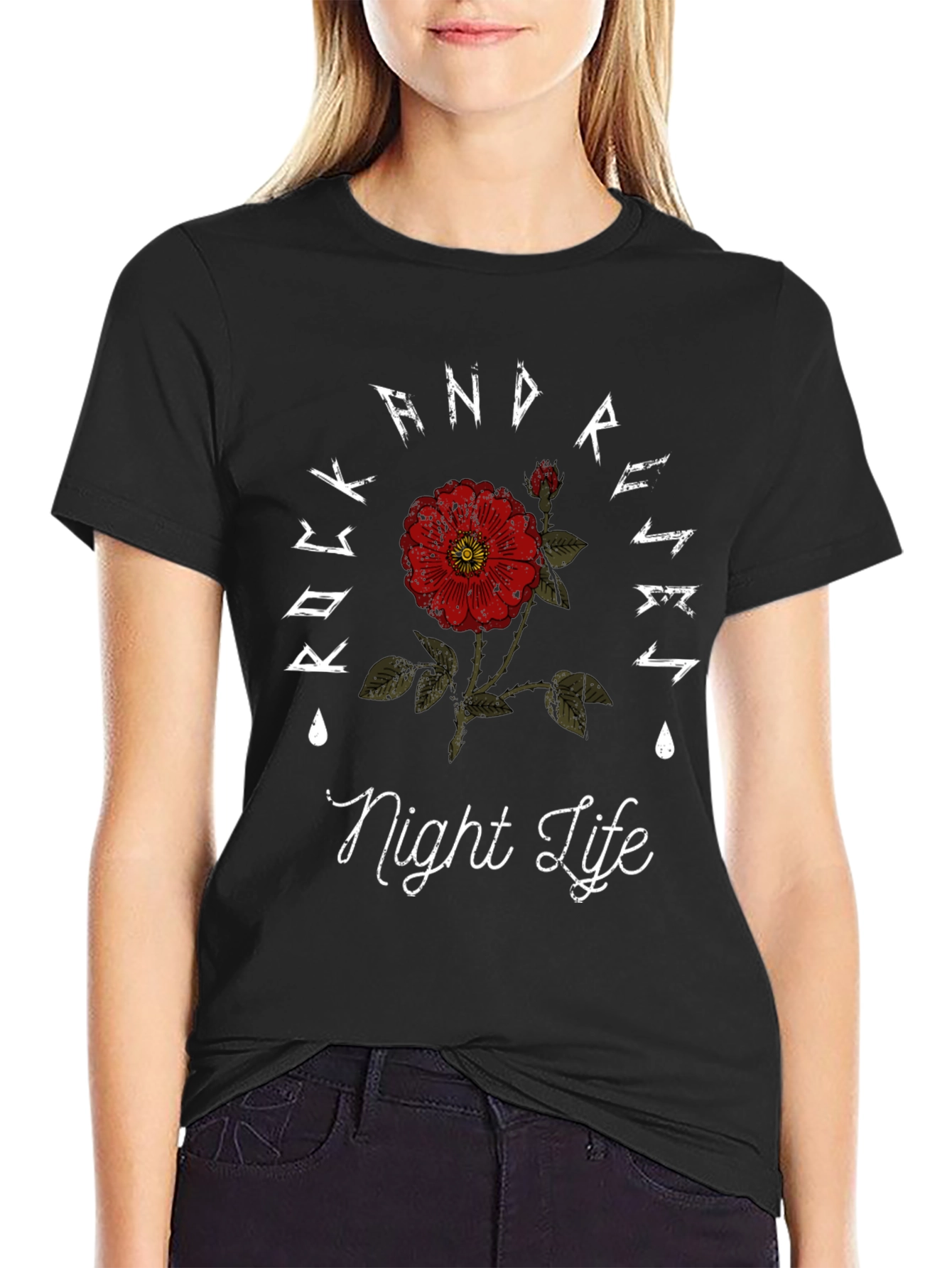 Rock And Roses Night Life Black T-Shirt