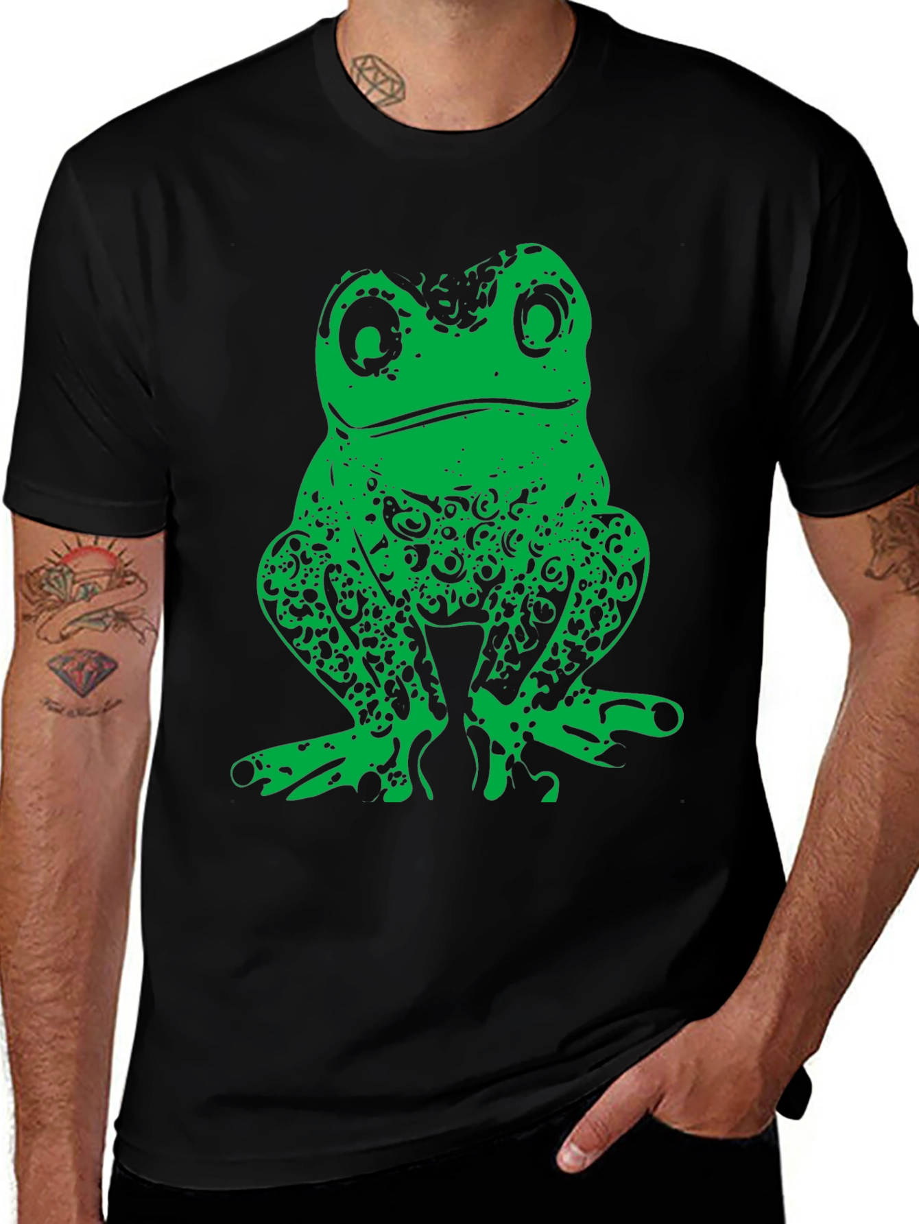 Green Frog Graphic Print Black T-Shirt