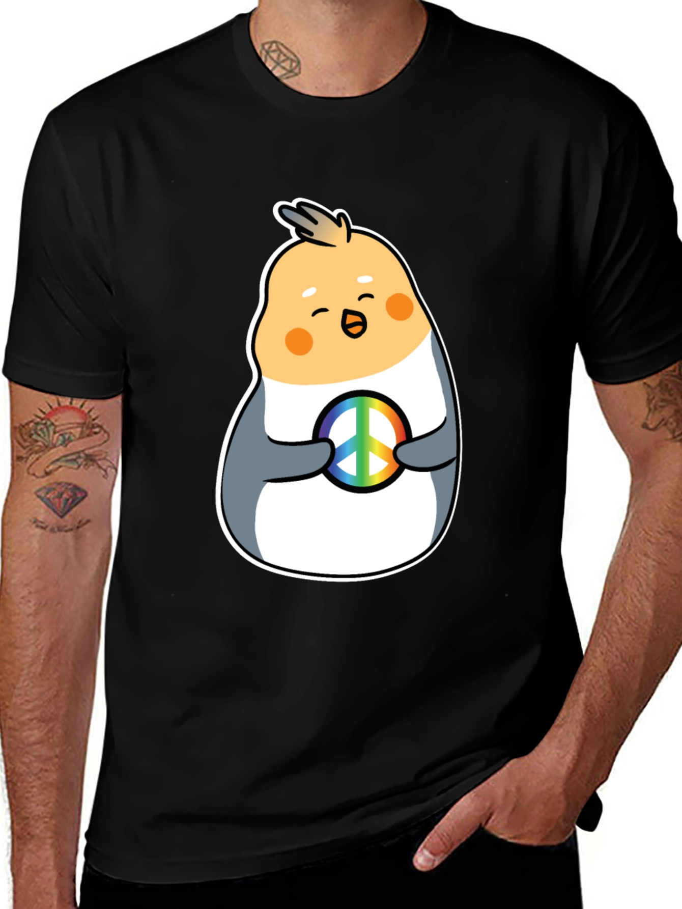 Cockatiel Peace Sign Graphic Tee - Black Cotton Blend
