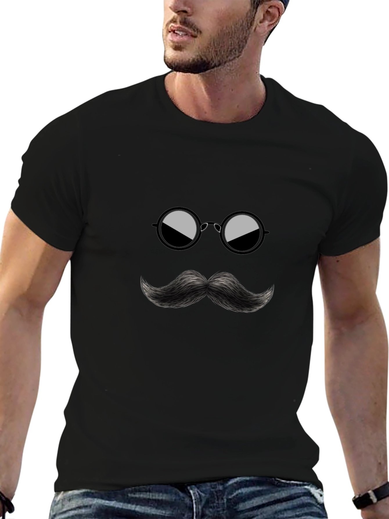 Cool Mustache & Glasses Graphic Black Tee