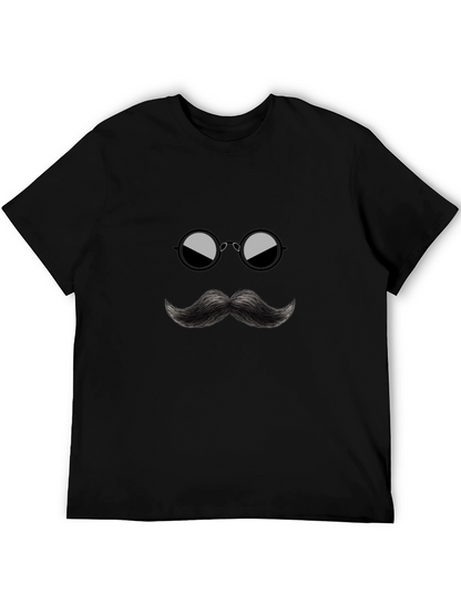 Cool Mustache & Glasses Graphic Black Tee