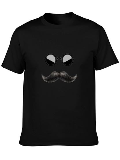 Cool Mustache & Glasses Graphic Black Tee