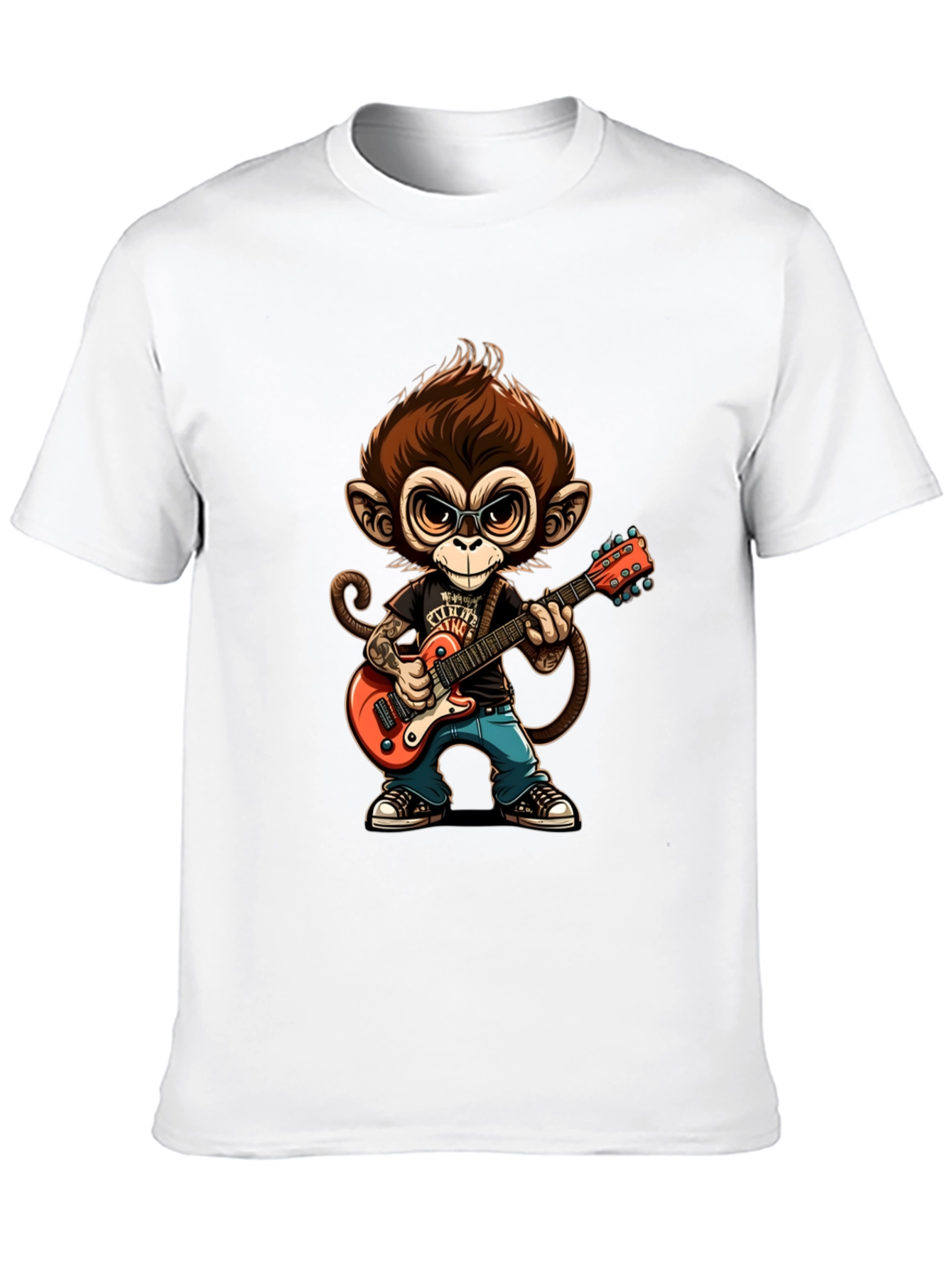Monkey Guitarist Graphic Tee - Black Cotton T-Shirt